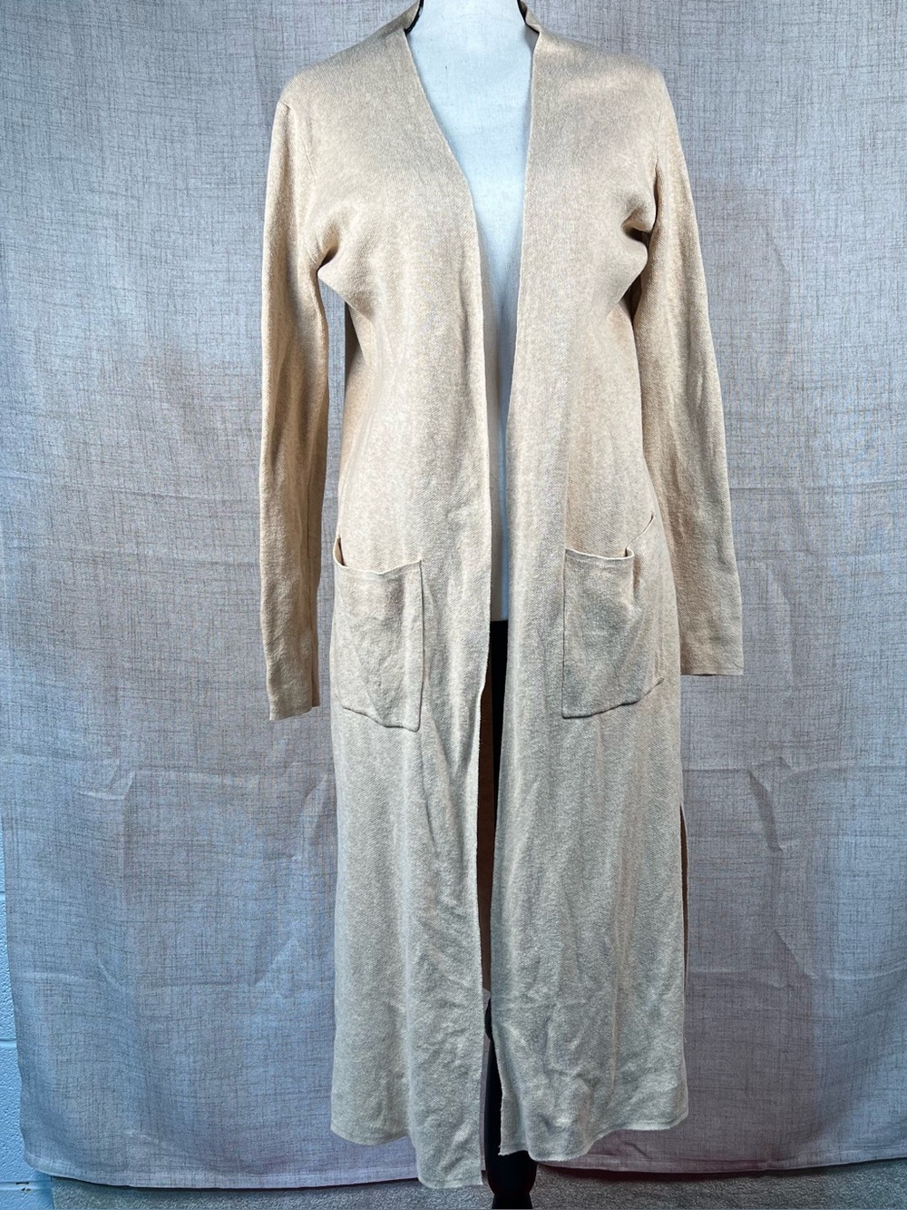 For Thee Maxi Cardigan Sweater Open Front Beige 100% Cotton Women's Small